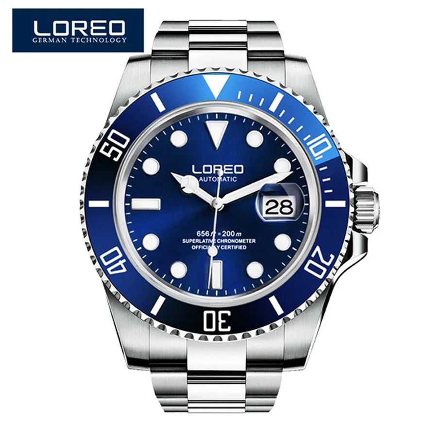Loreo 20Atm Orologio Automatico Impermeabile Per Uomo Luminoso Sport Diving Data Orologi Meccanici Movimento Gabbiano Reloj Hombre