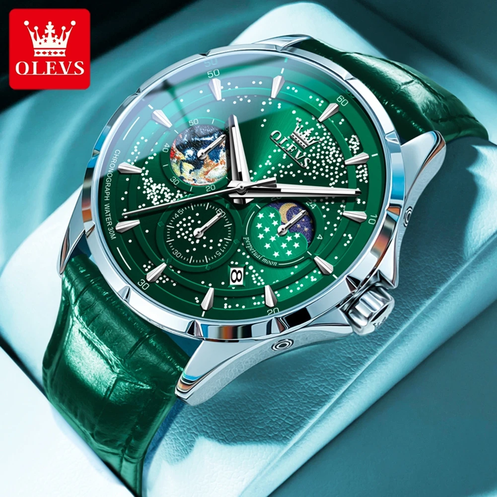 Olevs Fashion Starry Sky Green Dial Orologio Al Quarzo Per Uomo Multifunzione Moon Phase Cronografo Luminoso Orologi Relogio Masculino