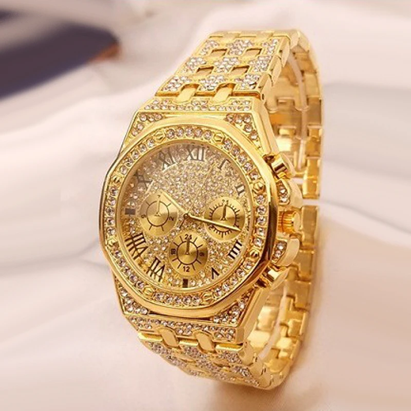 2022 Reloj Hombre Ice Out Orologi Luxury Business Yellow Gold Orologi Da Uomo Full Rhinestone Quartz Orologi Da Polso Orologio Maschile