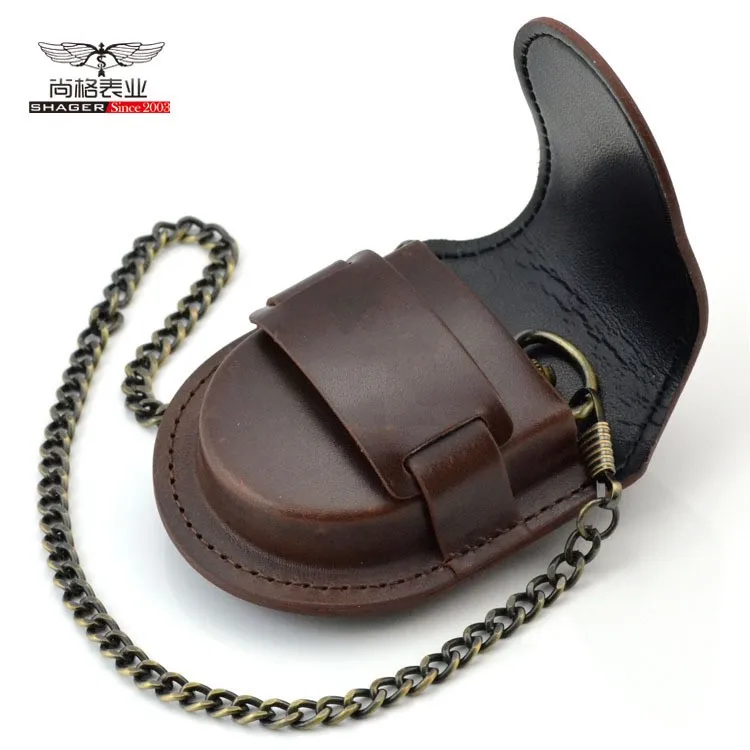 Fashion Male Back Brown Cover Vintage Classic Pocket Watch Box Holder Storage Case Portamonete Pouch Bag Con Catena Meccanica