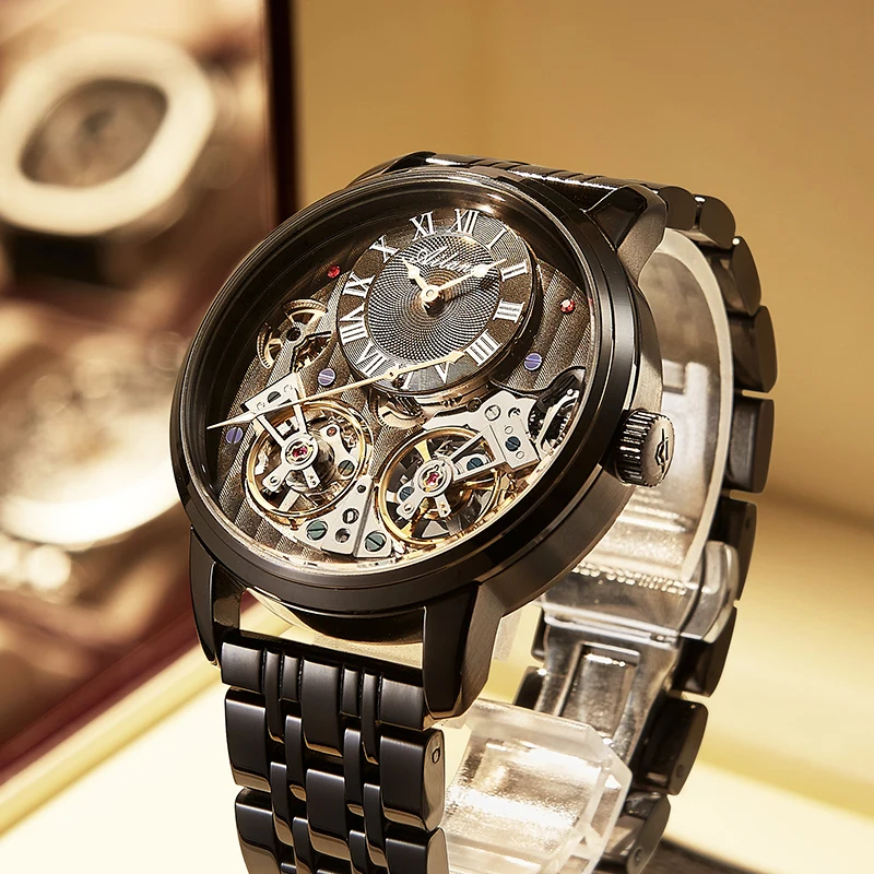 Ailang Top Brand Luxury Watch Men Automatic Luminous Black Clock Men Double Tourbillon Orologio Meccanico Impermeabile Relogio