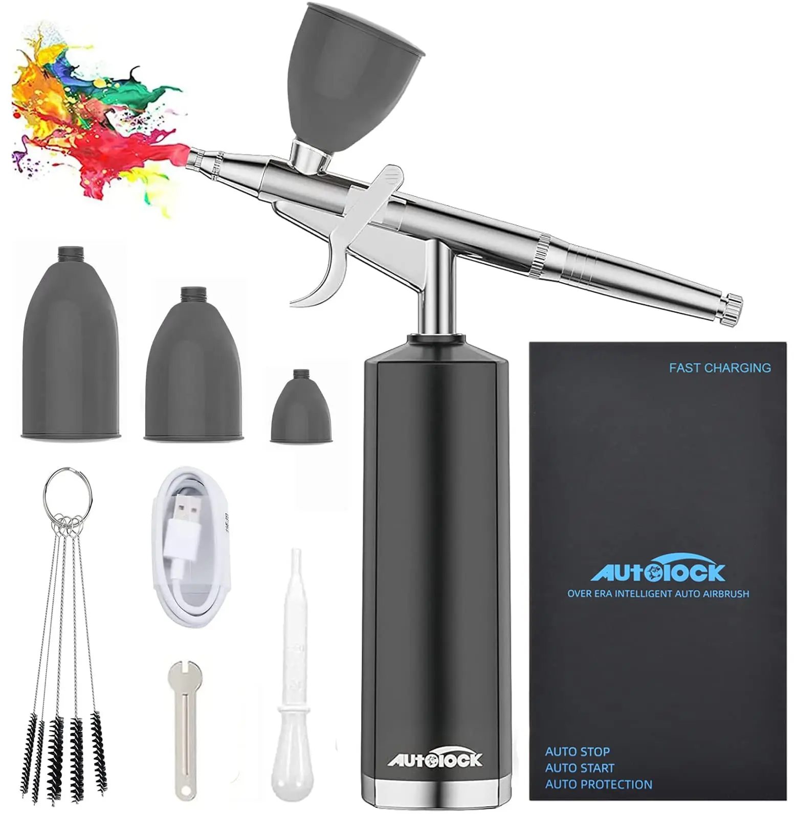 Kit Aerografo Autolock 30Psi, Compressore Aerografo Cordless Ricaricabile, Pistola Aerografo Portatile Automatica, Set Aerografo Portatile Wirele