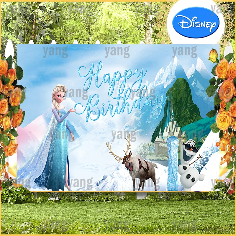 Disney Frozen Elsa Princess Cartoon Cute Sven E Olaf Birthday Party Mountain Background Photography Background