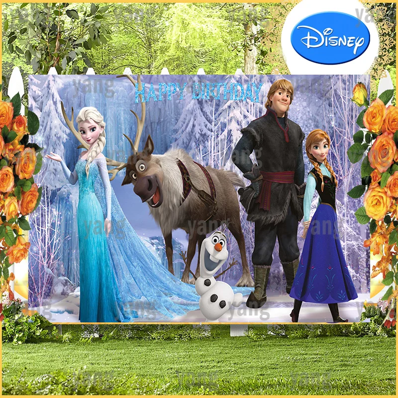 Disney Cartoon Frozen Princess Elsa Anna Cute Sven Olaf Birthday Party Ice Forest Sfondo Fotografia Sfondo