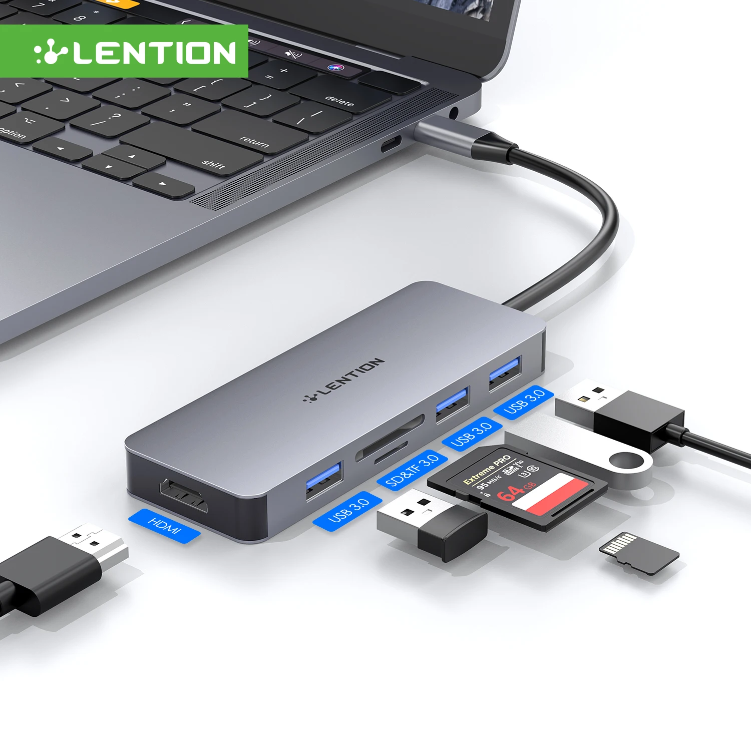 Hub Usb C Con 4K Hdmi, 3 Usb 3.0, Lettori Di Schede Sd/Tf Per Macbook Pro 13/15/16, 2018 2019 Mac Air, Surface Book 2/Go, Chromebook
