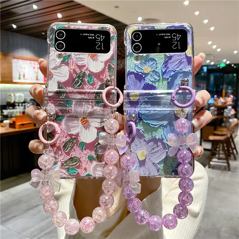 Cute Oil Painting Flowers Bracciale Custodie Per Telefono Per Samsung Galaxy Z Flip 4 3 5G Custodia Antiurto Per Samsung Z Flip4 Flip3