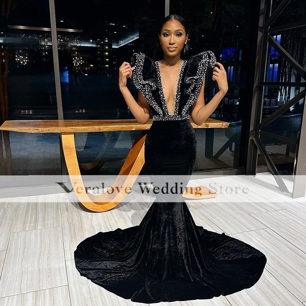 Abito Da Ballo Nero Per 2 K23 Black Girls Sexy Mermaid Beads Ruffles Birthday Party Dress Abiti Da Sera Robes De Bal