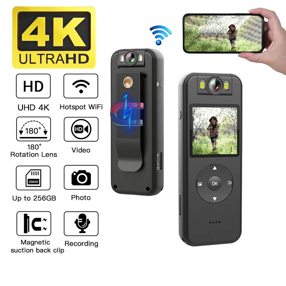 Ultra Hd 4K Mini Fotocamera Portatile Piccola Videocamera Body Mount Cam Piccola Telecamera Per Bici Rotante A 180 ° Sport Dv Car Dvr Webcam