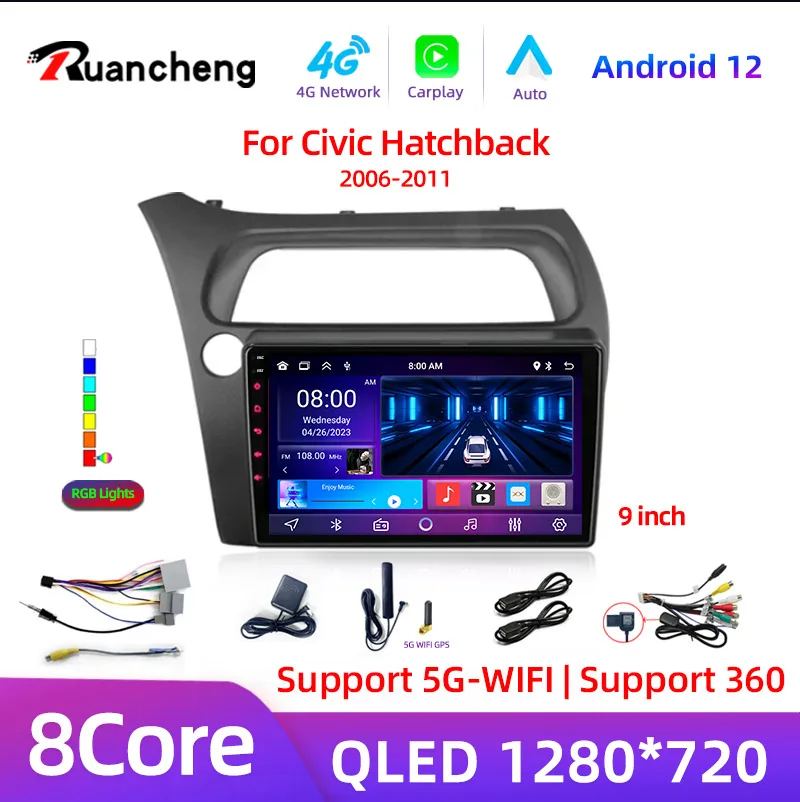 8Core Android 12 Per Honda Civic Hatchback 2006-2011 Autoradio Lettore Multimediale Navigazione 2 Din Stereo Dvd Head Unit Speaker