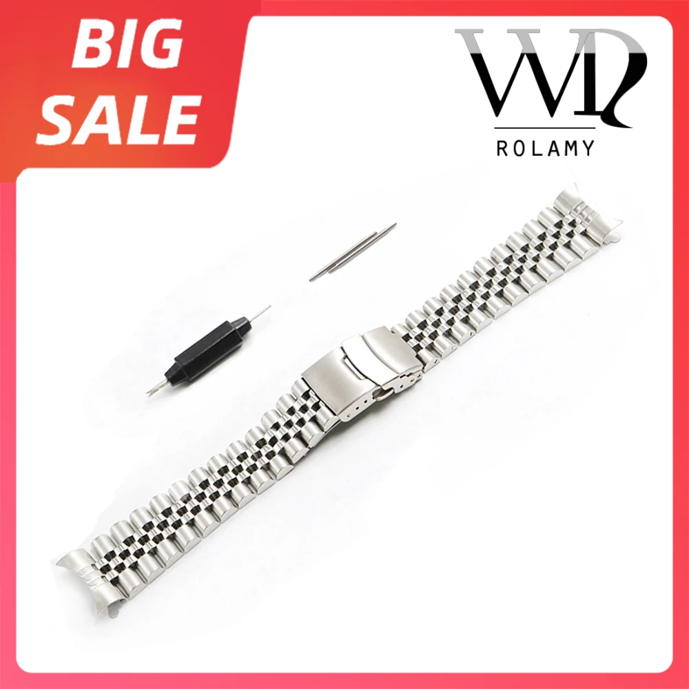 Rolamy 20 22 Millimetri Argento 316L Acciaio Watch Band Vintage Giubileo Del Braccialetto Del Catenaccio Hollow Curvo End Solido Vite Links Per Rolex 
