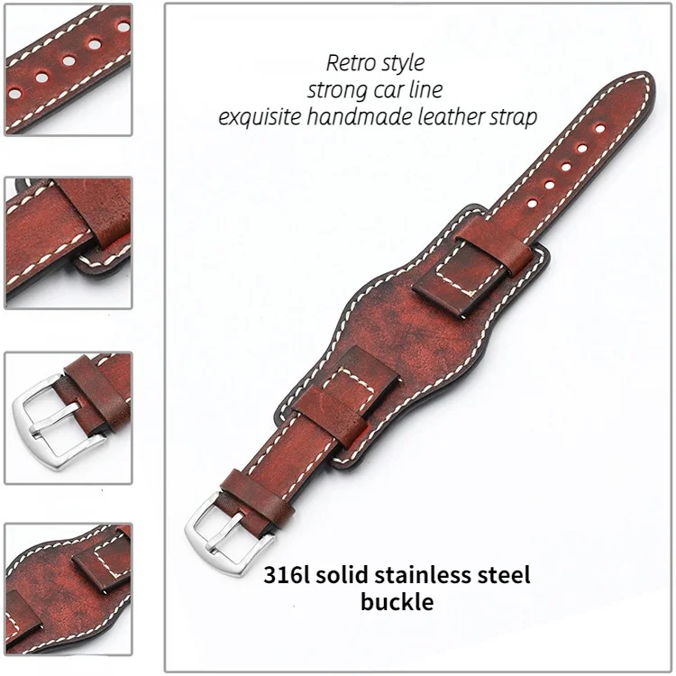 Cinturino Per Orologio In Pelle Vintage Fatto A Mano Anti-Metallo Allergy Tray Bund Watch Band 20 22 24Mm Per Rolex/Omega/Timex /Fossil Watchs