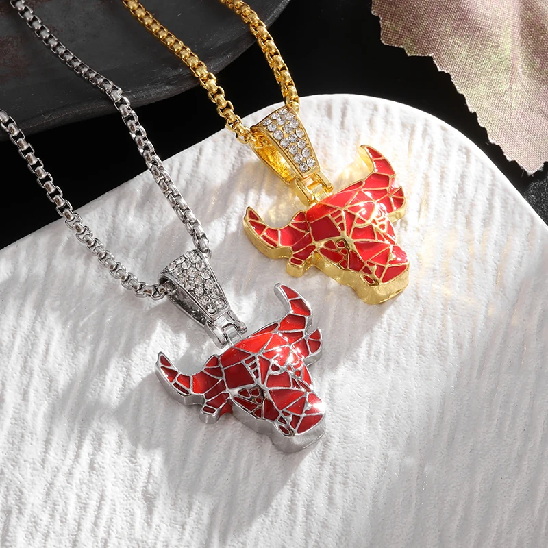 Uomo Donna Moda Hip Hop Zircone Red Bull Head Collana Con Ciondolo Rock Punk Street Party Accessori