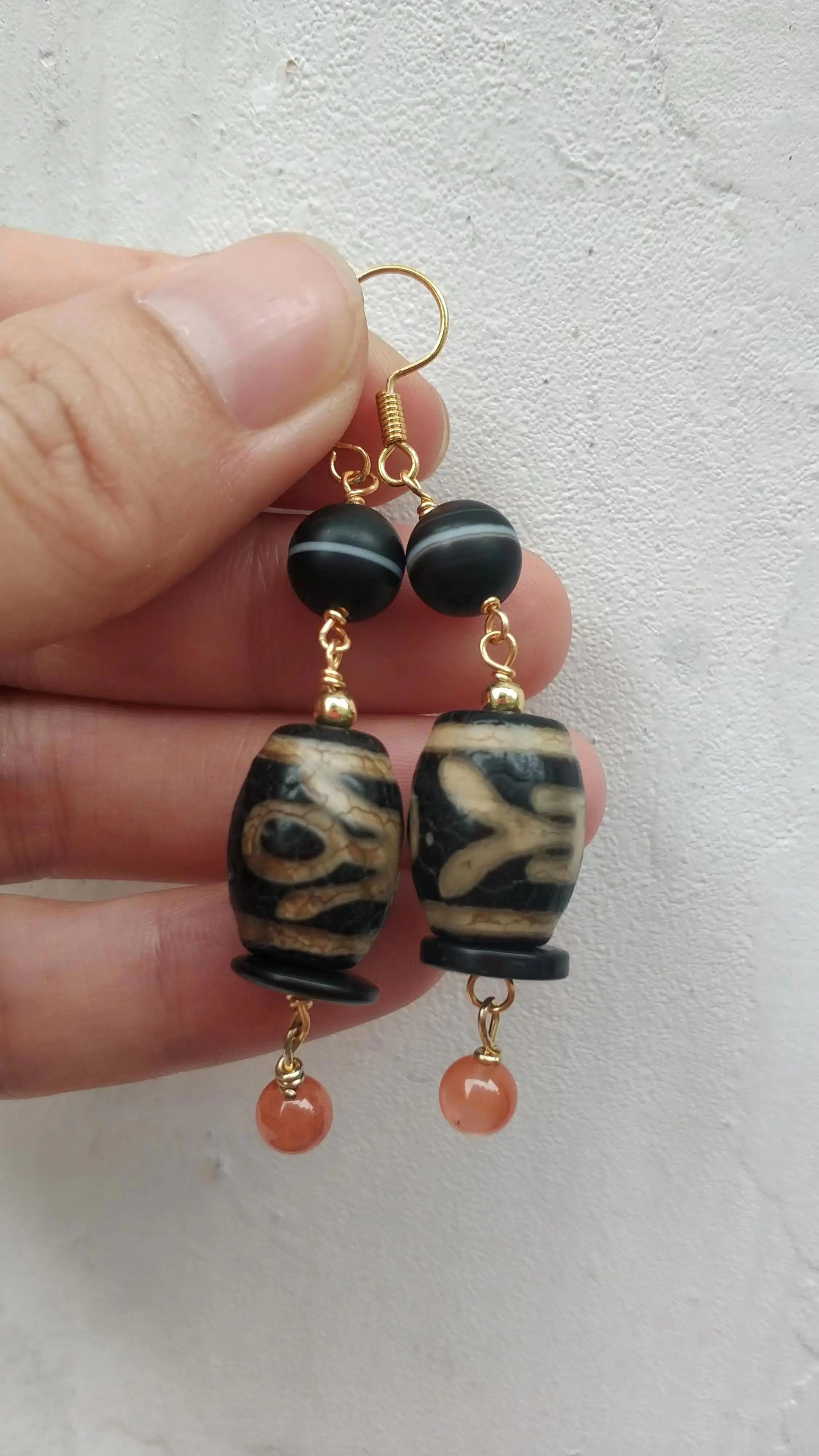 1Pcs/Lot Natural Noble Dzi Beads Old Agate Gem Stripes First-Line Apothecary 14K Gold Vintage Earrings Amulet Folk-Custom Taki