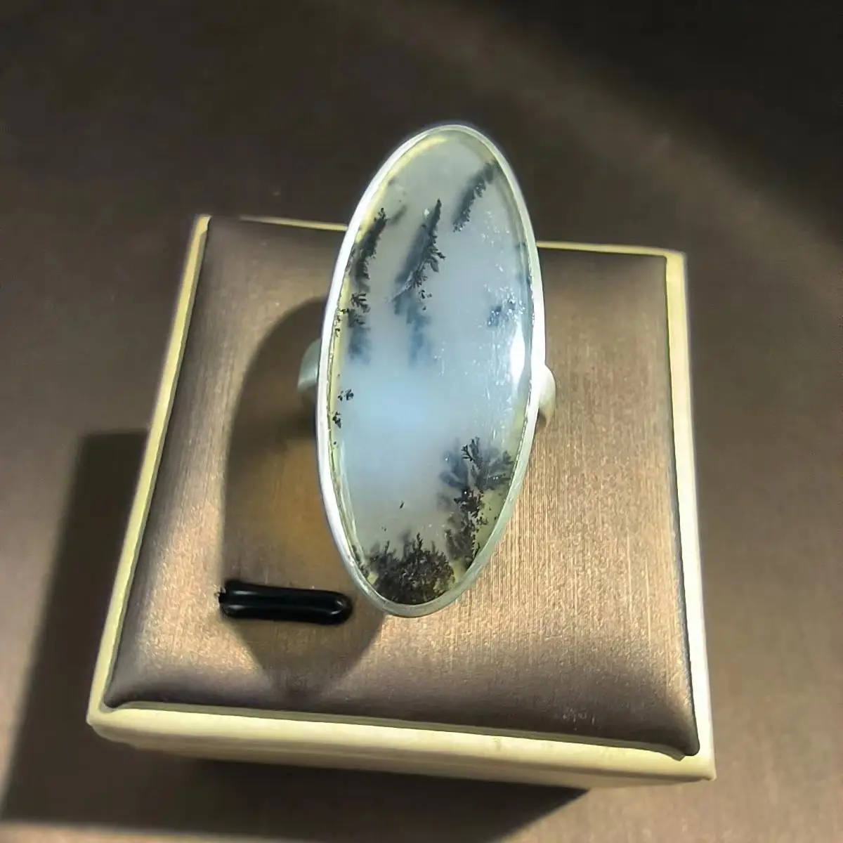 1Pcs/Lot Natural Marine Chalcedony Ring S925 Silver Landscape Stone Chrysanthemum Tower Unique Wonderful Rare Ink Painting Taki