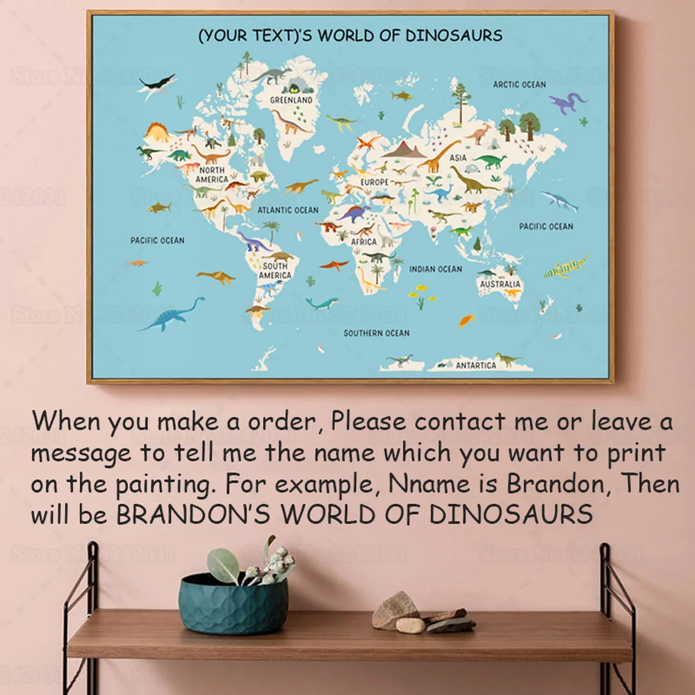 Personalizzato Dinosauro Mappa Del Mondo Stampa Poster Bambini Camera Da Letto Dinosauri Mondo Tela Pittura Wall Art Decor Per Regalo Per Bambini