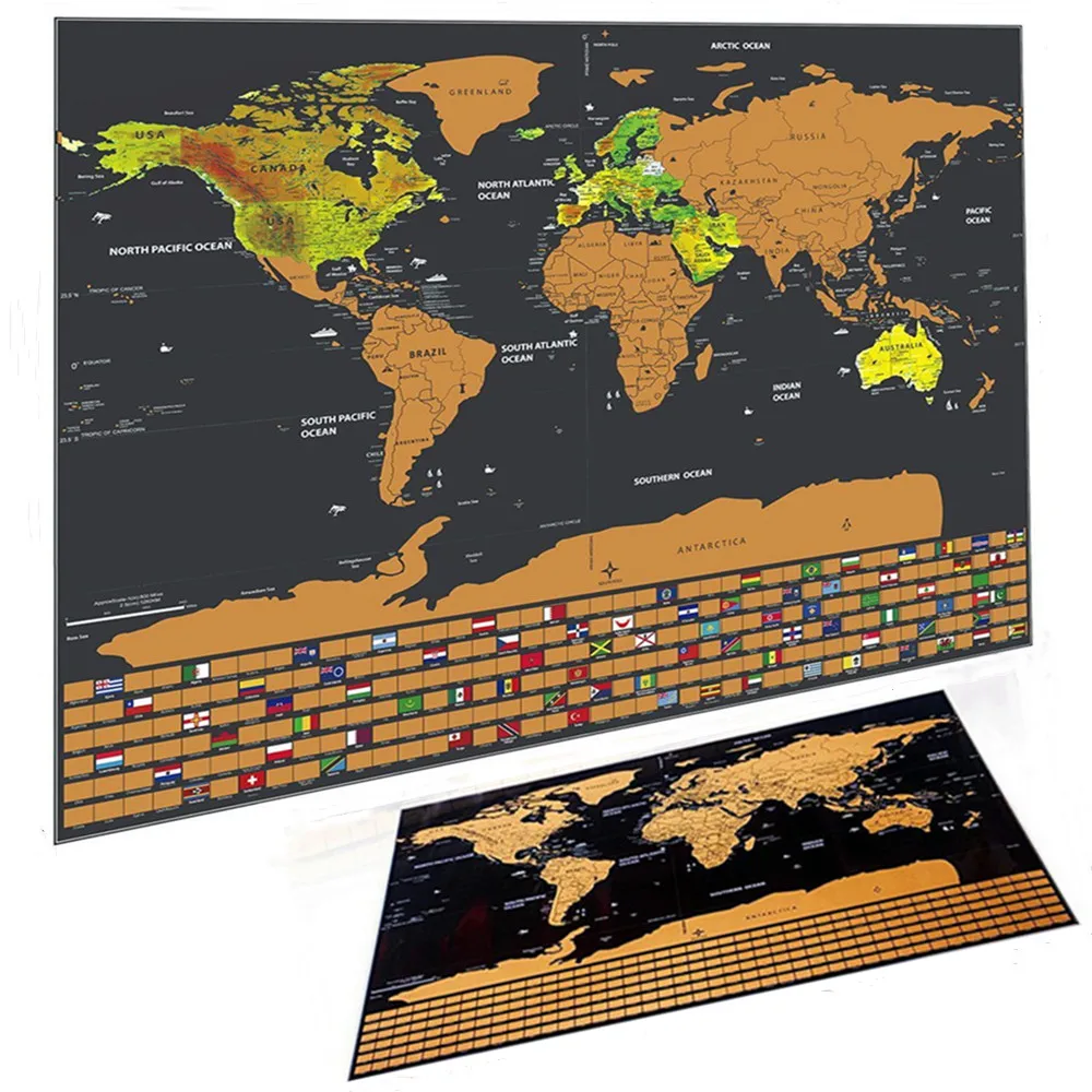Drop Shipping Deluxe World Scratch Maps Con Bandiera Nazionale, Lamina D'Oro Black Scratch Travel Maps Wipe Foil Coating Maps Poster Q0
