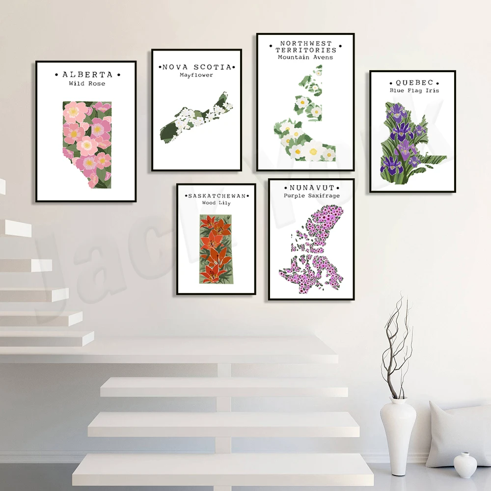 Saskatchewan Flowers, Prince Edward Island, Nunavut Purple Saxifrage, Alberta Wild Roses, Quebec, Canada Floral Map Poster