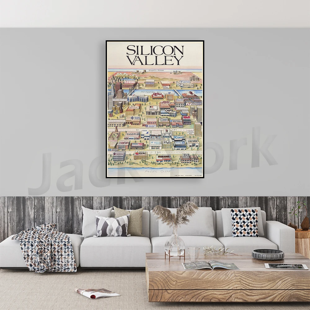 1986 Silicon Valley Poster - Vintage Silicon Valley Poster Print Art - Handmade Map Print - Pictorial Map Poster Print Art