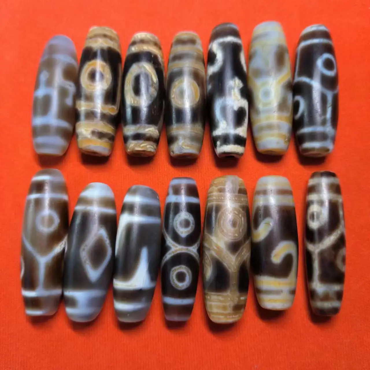 14Pcs/Lot Natural Tibetan Old Agate Dzi Beads Various Ancient Patterns Historical Craftsmanship Jewelry Amulet Folk-Custom Taki