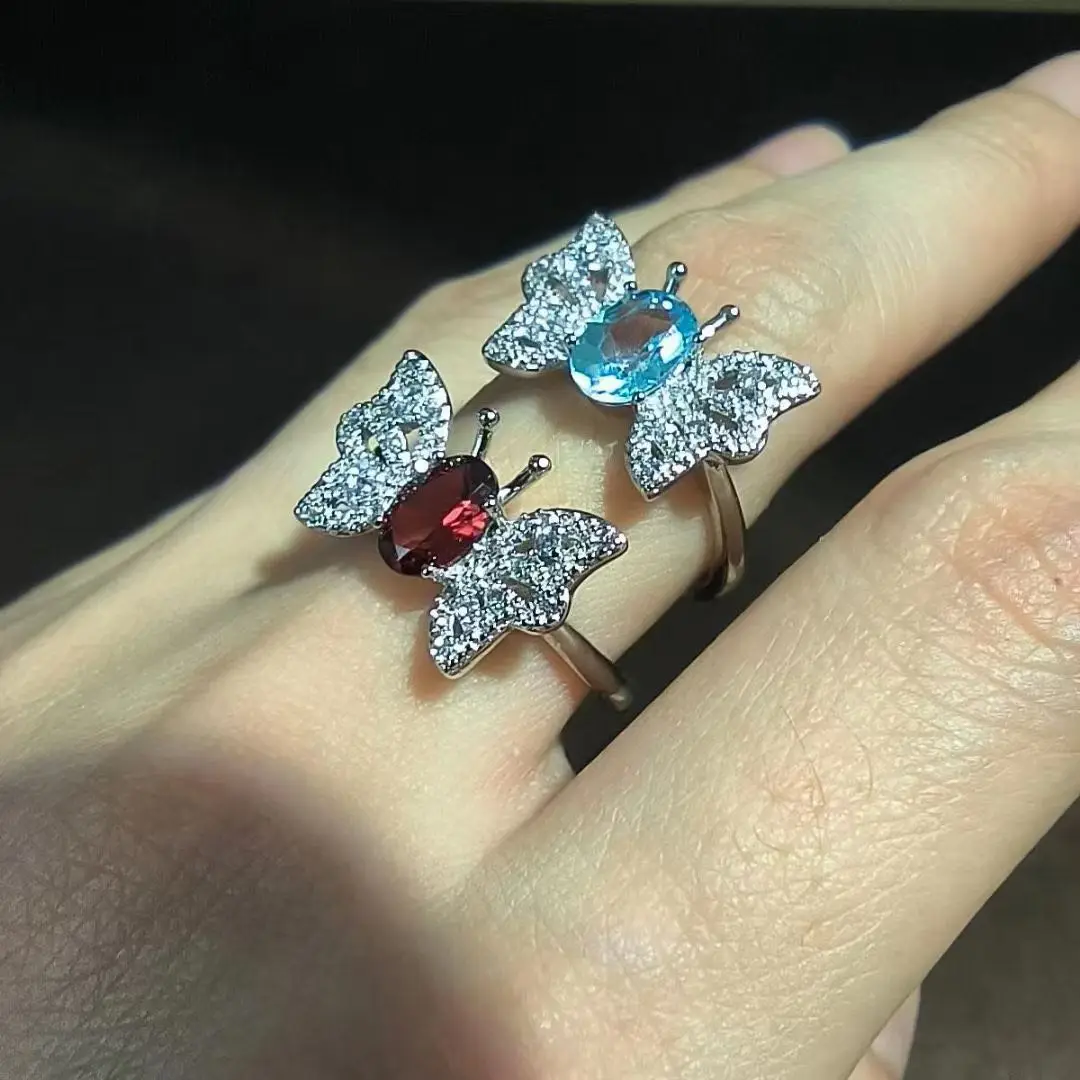 1Pcs/Lot Natural Garnet Topaz Ring Ladies S925 Silver Animal Butterfly Size Adjustable Red Blue Cute Fashion Jewelry Taki Gem