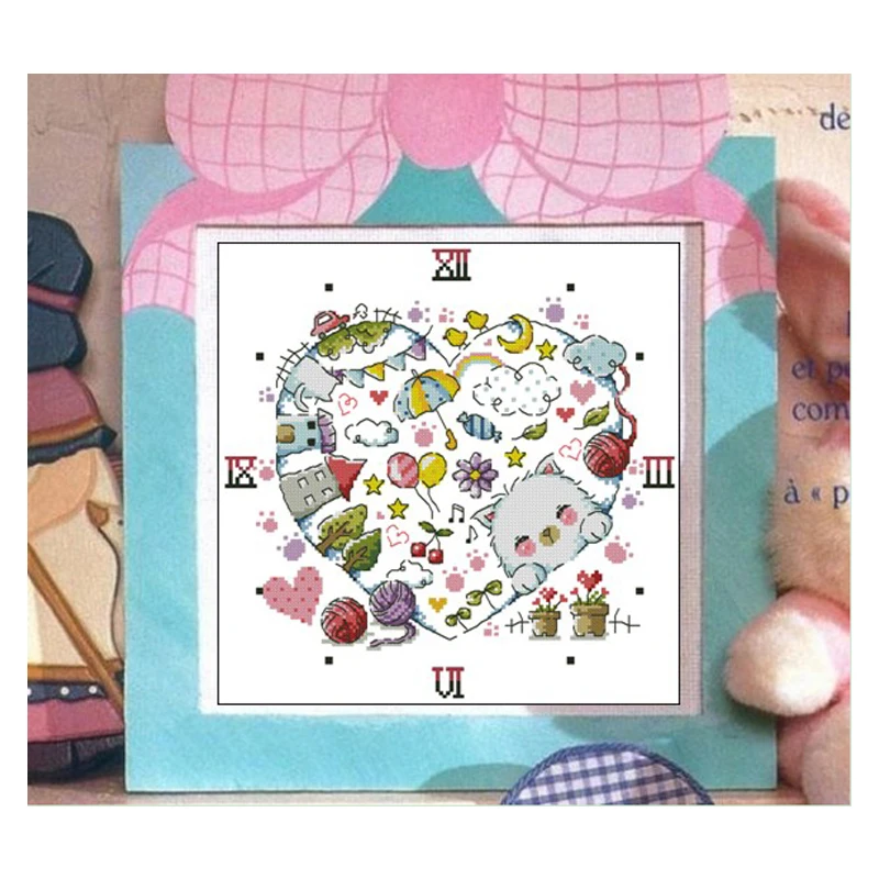 Amishop Gold Collection Conted Cross Stitch Kit Clock The Kitten Village Cat Kitty So 3151