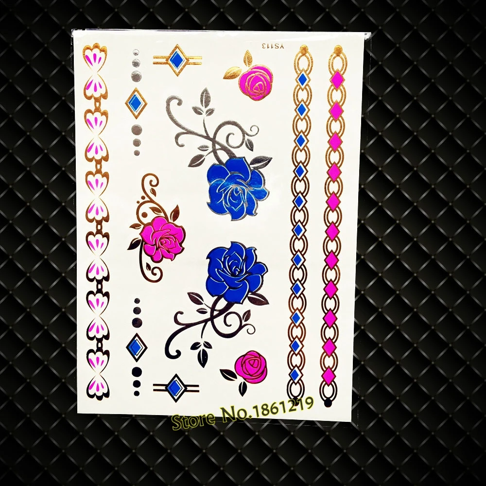 Nuovo Fascino Hennè Rose Flash Metallico Tatuaggio Temporaneo Body Art Braccio Manica Tatuaggio Donne Trucco Festa Incontri Tatuaggio Adesivo Gys113