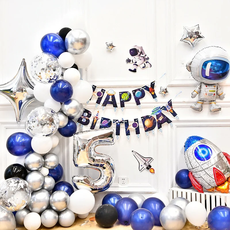 Astronauta Rocket Foil Balloons Out Space Theme Blue Star Earth Printed Latex Air Globos Forniture Per Feste Di Compleanno Per Bambini Baby Shower