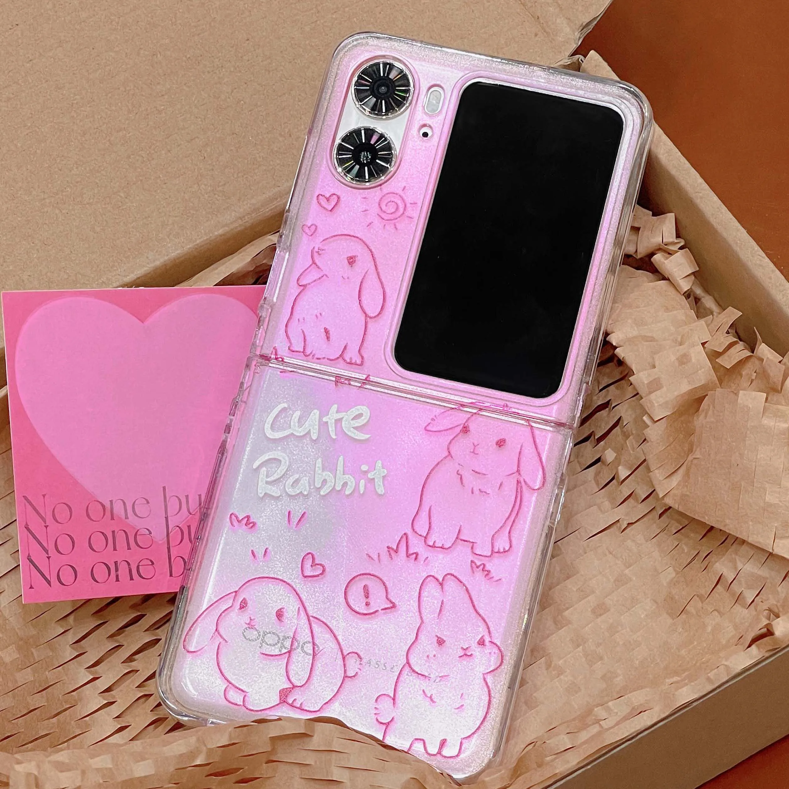 3 In 1 Pc Hard Shell Per Oppo Find N2 Flip 5G Clear Pink Rabbit Bunny Phone Case N 2 Flip N2Flip Back Cover Fundas