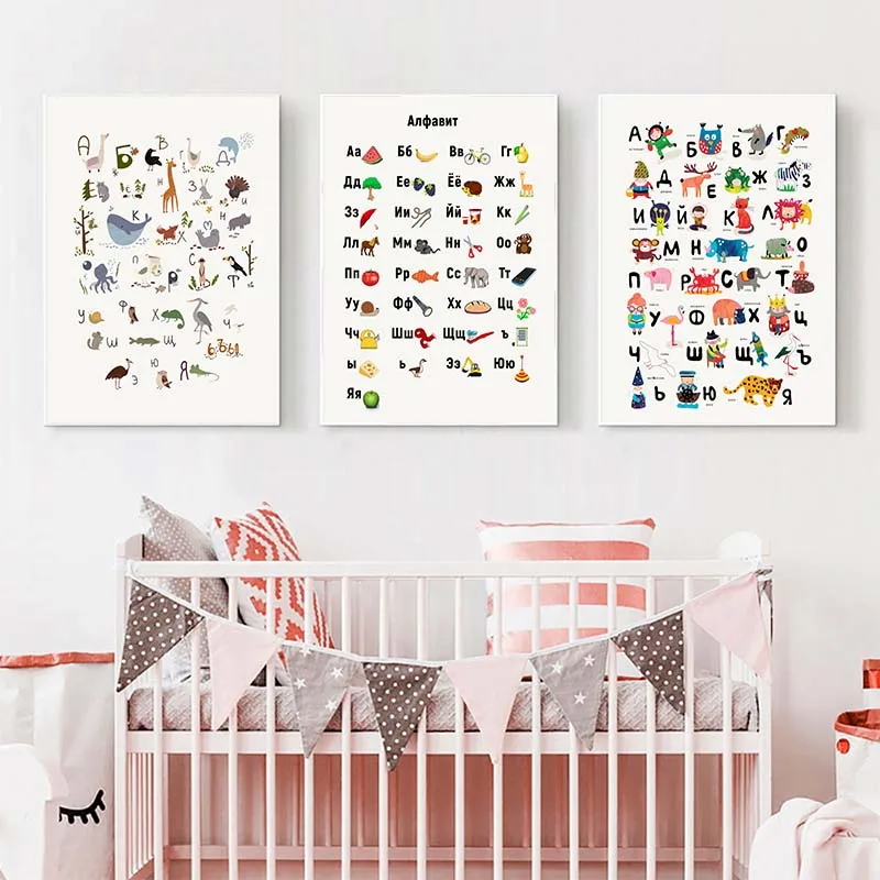 Russo Abc Alfabeto Wall Art Poster Baby Nursery Animals Lettera Canvas Painting Language Educational Picture Kids Room Decor