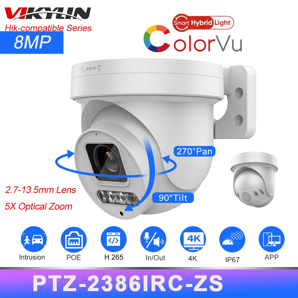 Vikylin Hikvision Compatibile 8Mp Colorvu Ptz Ip Camera 5X Zoom Poe 2-Way Audio Slot Per Scheda Sd Telecamera Ip Di Sorveglianza App Remote