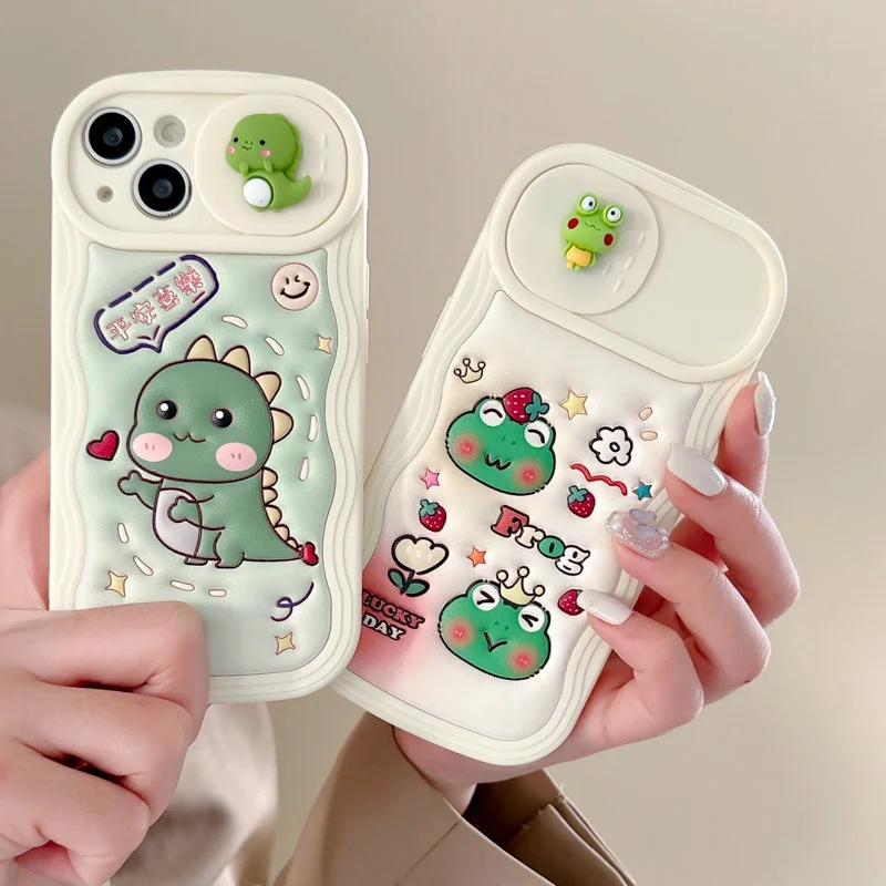Custodia In Pelle Pu Goffrata Cartoon 3D Green Frog Dinosaur Per Iphone 14 Pro Max 14 Plus 11 12 13 Pro Max 12Pro Max Slide Camera Le