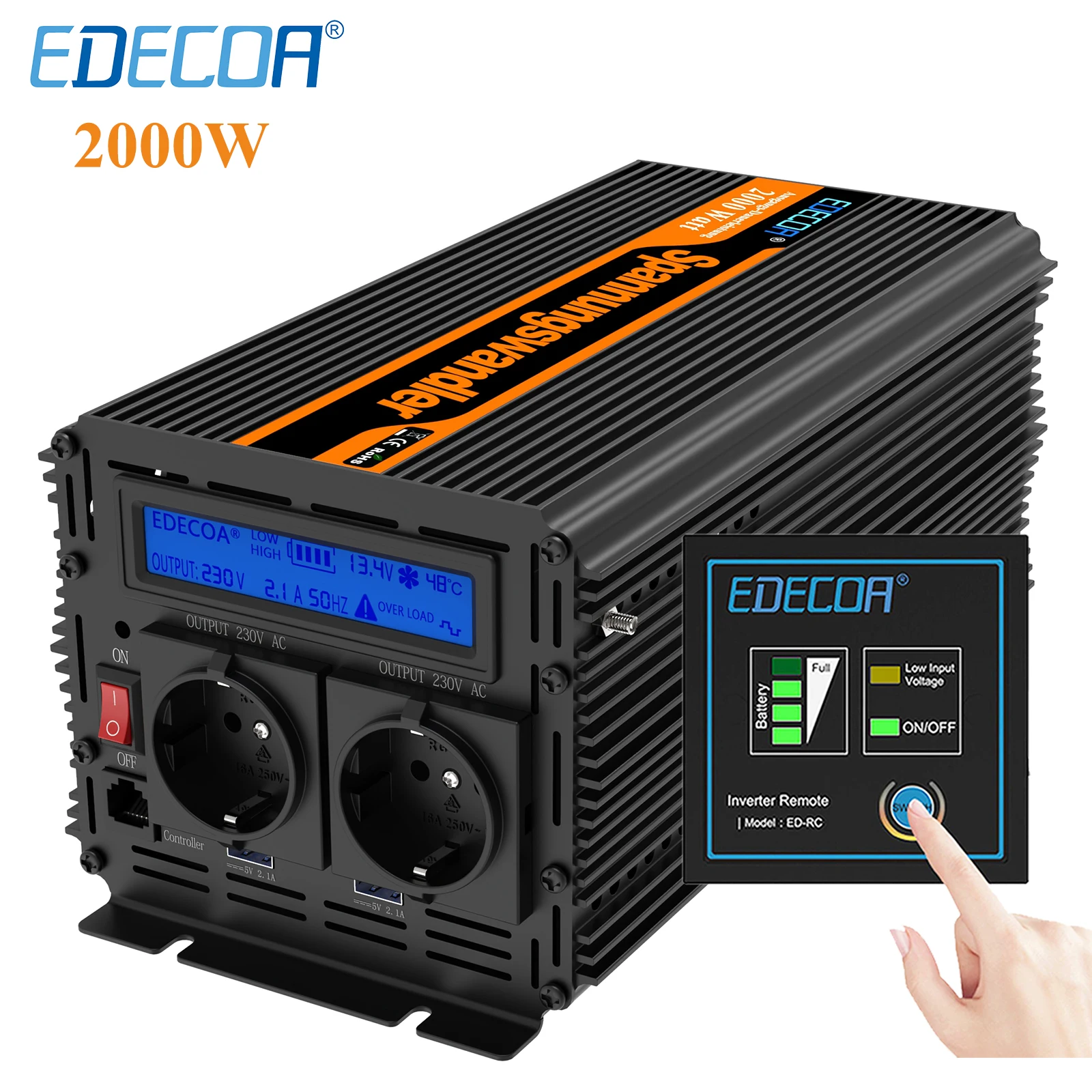 Convertitore Di Onda Sinusoidale Modificato Edecoa 2000W Dc 12V 24V A Ac 220V 230V Off Grid Inverter Di Potenza Sinusoidale 2000W
