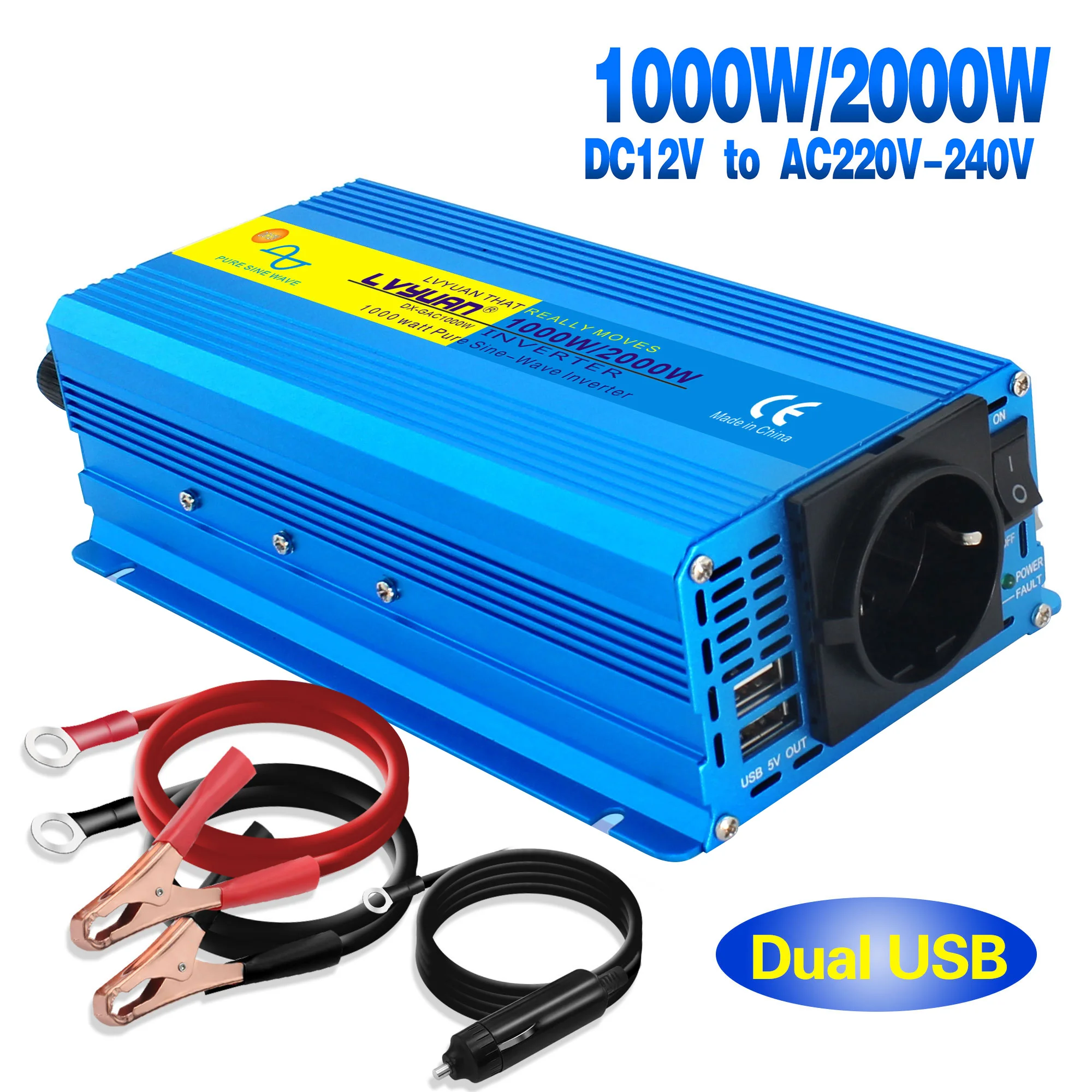 1000W/2000W Dual Usb Pure Sine Wave Power Brasile 60Hz Inverter Dc 12V/24V A Ac 110V/230V Convertitore Per Barca Da Campeggio Per Auto 3.1A 2 Usb