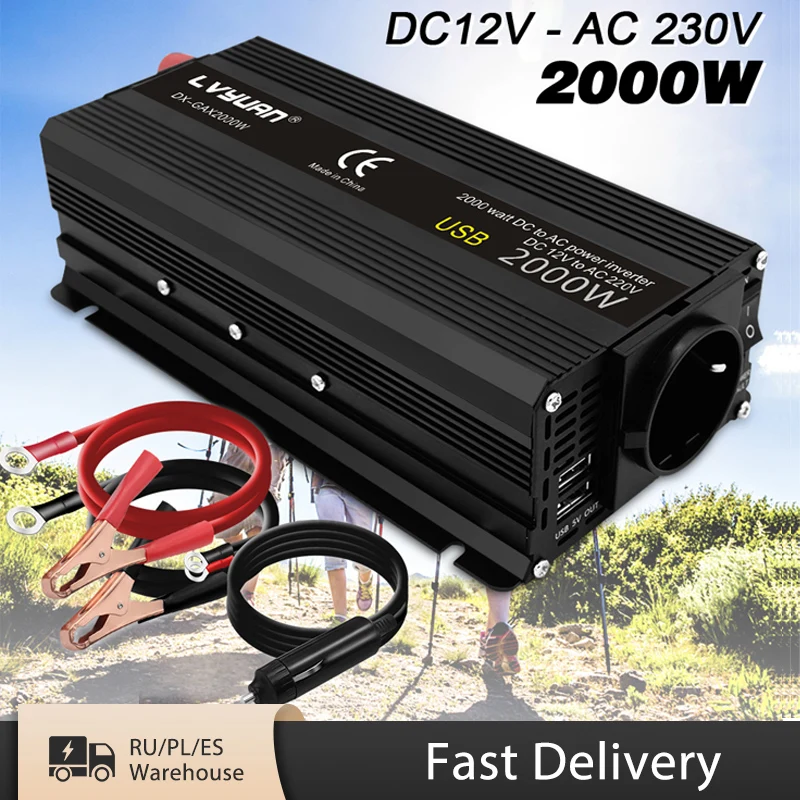 Inverter 1200W/1500W/2000W 12 V 220 V Convertitore 2 Usb Eu Universal Webasto 12 Volt Inversor12V 220 V Inversores Solari