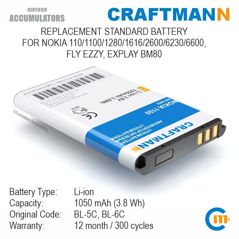 Batteria Crafts Mann 1050Mah Per Nokia 110/1100/1280/1616/2600/6230/6600, Fly Ezzy (Bl-5C/Mu220/Sl240/Sl241/Bl6401/Bl4507/Bl-6C)