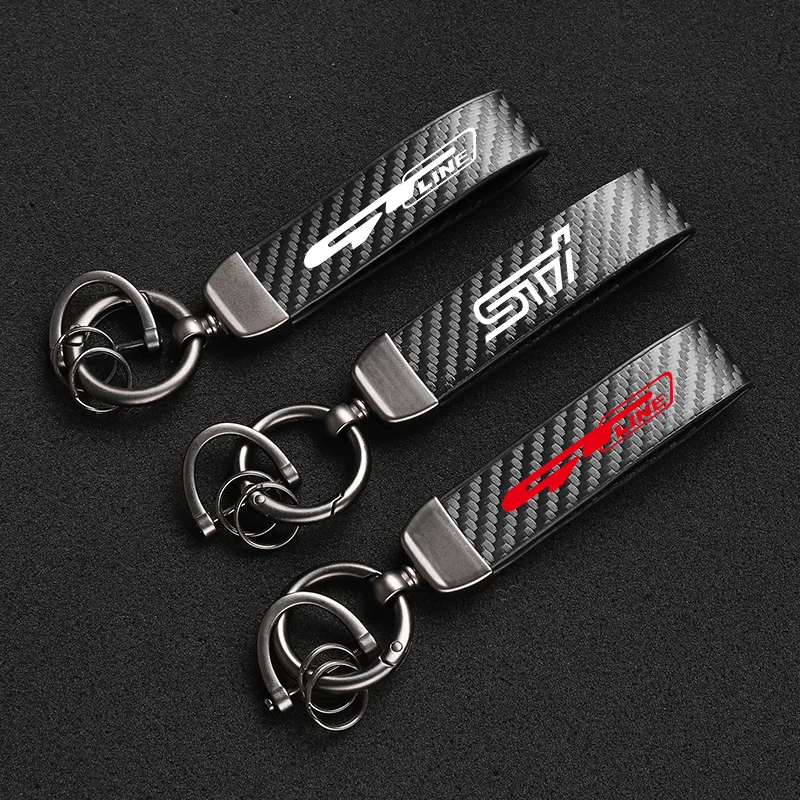 High-Grade Leather Carbon Fible Car Keychain Rotating Horseshoe Key Rings For Peugeot Gt Gtline 206 208 306 307 308 2008 3008