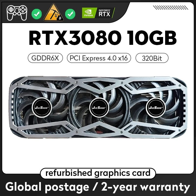 Jieshuo Nvidia Rtx 3080 10G Gaming Graphics Gddr6X Gpu Ai Three-Fan Mining Graphics 320Bit Pci Express X16 4.0 Computer Desktop