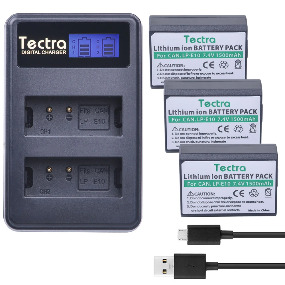 Tectra 3 Pz Lp-E10 Lpe10 Bateria + Lcd Usb Doppio Caricatore Per Canon Eos Rebel T3 T5 T6 Bacio X50 Bacio X70 Eos 1100D Eos 1200D