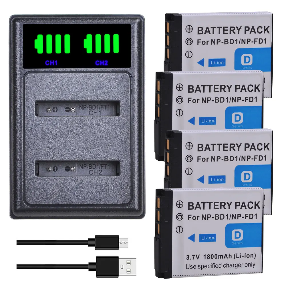 Np-Bd1 Np-Fd1 Batteria E Caricabatterie Per Sony Cyber-Shot Dsc-G3, Dsc-T2, Dsc-T70, Dsc-T75, Dsc-T77, Dsc-T90, T200, T300, T500, T700