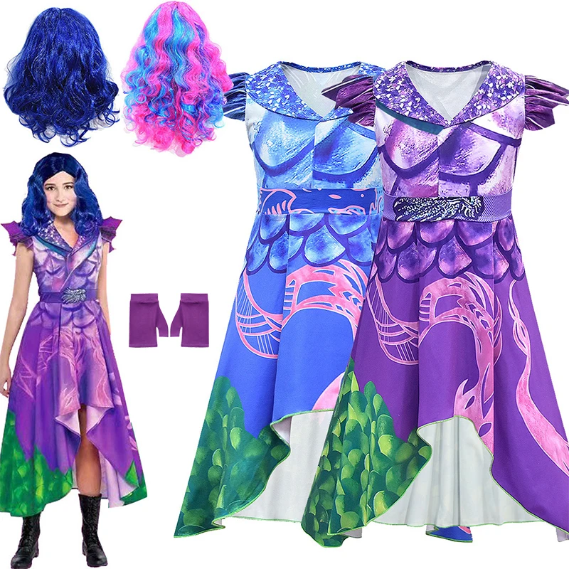 Lovely Kids Descendants 3 Evie Cosplay Costume Abito Stampato + Parrucca + Guanti Ragazze Halloween Masquerade Party Mal Princess Dress