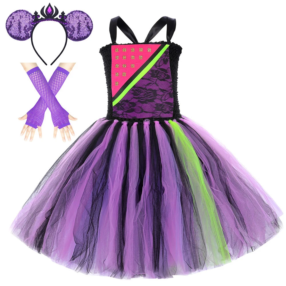 Discents 2 Princess Mal Costumes For Girls Hallloween Fancy Dress Disney Outfit For Kids Carnival Party Tutus Con Guanti Con Fiocco