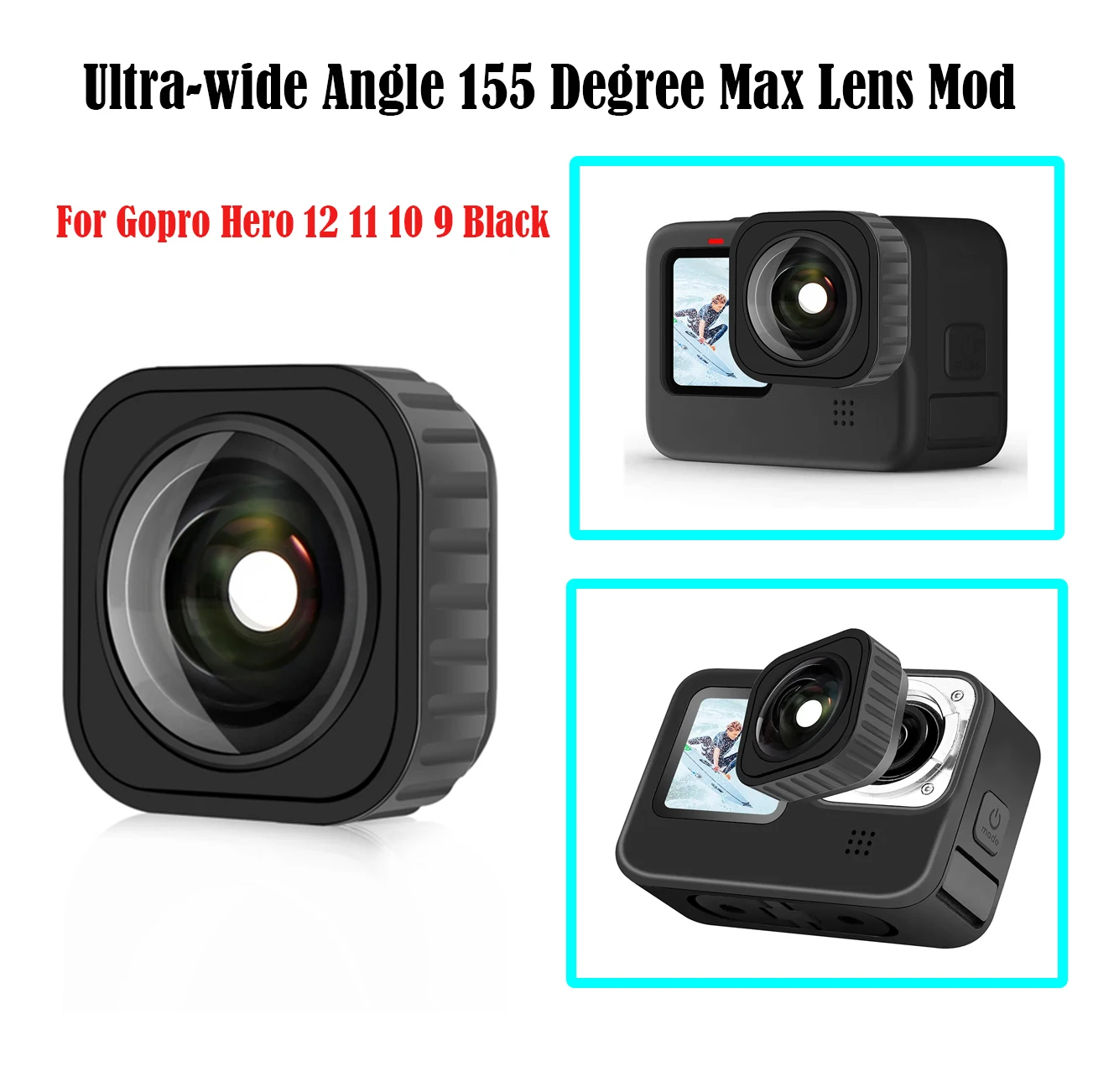 Ultra-Grandangolare 155 Gradi Max Lens Mod Per Gopro Hero 12 11 10 9 Nero, Max Lens Mod Massimizza La Stabilizzazione 2.7 K60 Per Gopro 12