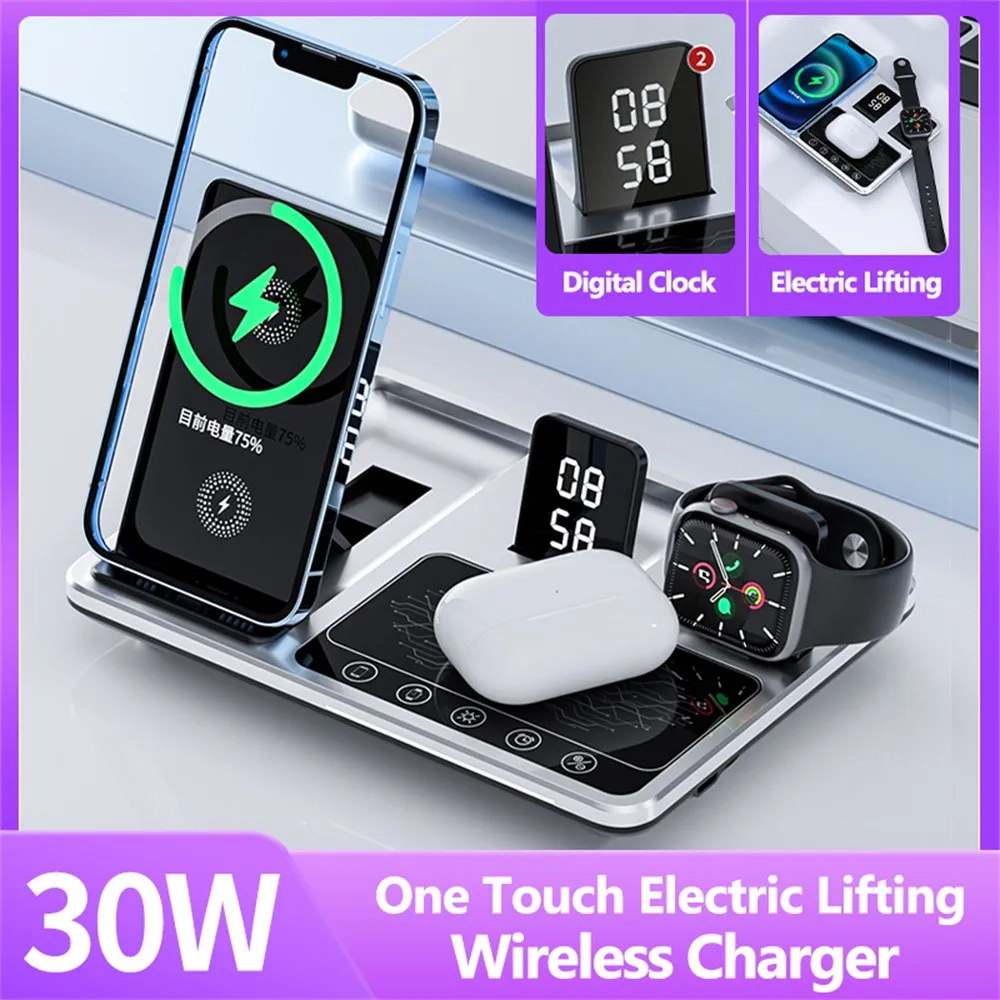 Sveglia A Led Con Supporto Per Caricabatterie Wireless Da 30 W 무선충전 Stazione Di Ricarica Rapida 4 In 1 Per Iphone 14 13 Pro Max آيفون Apple Watch Airp