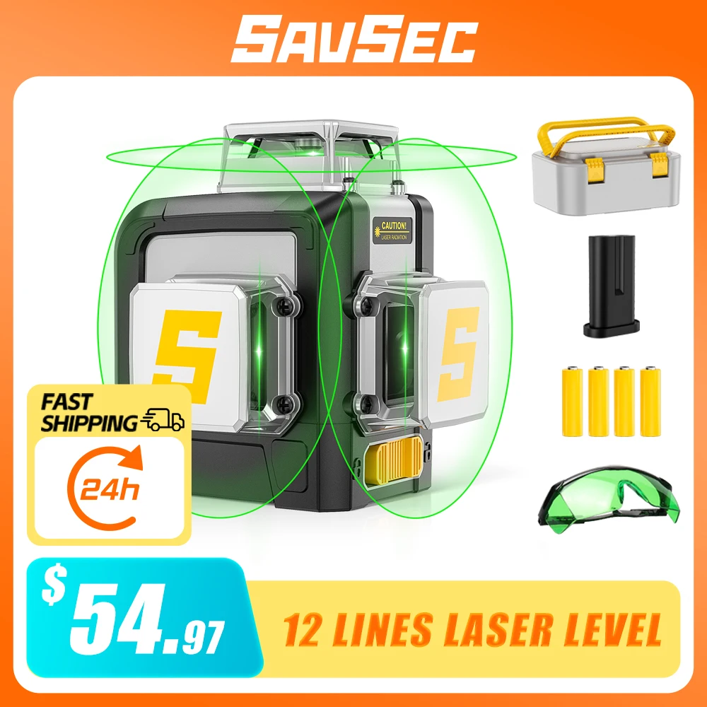 Savsec 12 Linee Livello Laser 3D Cross-Line Laser Autolivellante Orizzontale E Verticale Verde Beem Con Strumenti Laser In Modalità Impulso