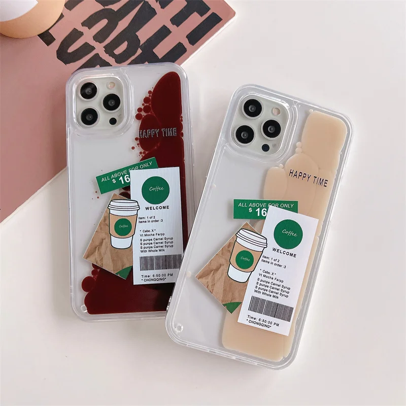 Ins Coffee Label Liquid Quicksand Case Per Iphone 15 12 13 14 Pro Max Plus Custodia Protettiva Cover Posteriore Antiurto Trasparente Carcasas