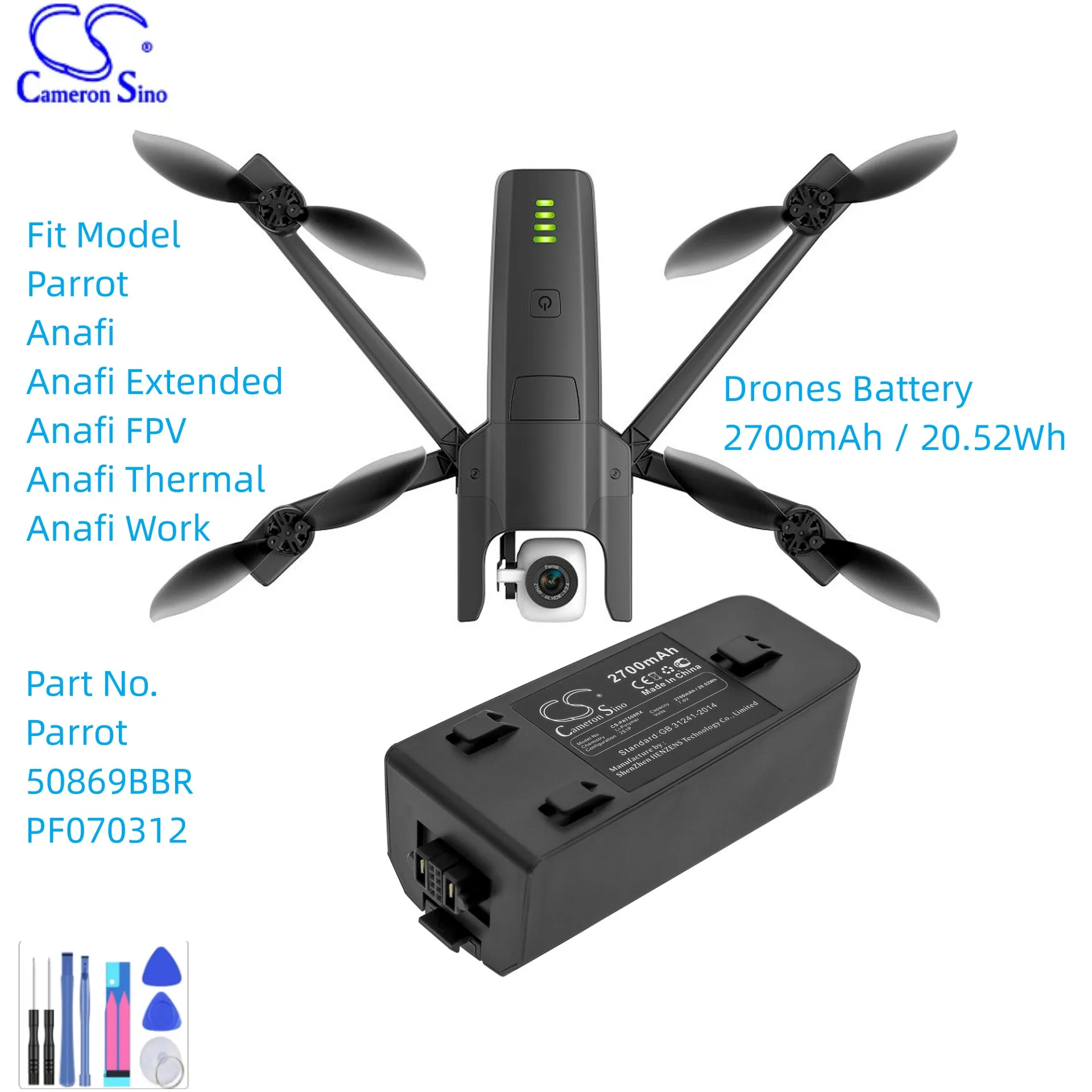 Batteria Per Droni Per Parrot Anafi Extended Fpv Thermal Work 50869Bbl Pf070312 Capacità 2700Mah/20,52Wh Colore Nero Volt 7.60V