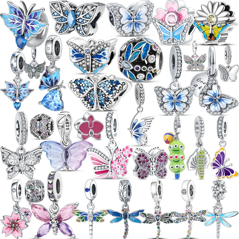 925 Sterling Silver Blue Pink Butterfly Dragonfly Caterpillar Ciondola Charm Zircone Bead Fit Braccialetto Pandora Originale Gioielli Fai Da Te