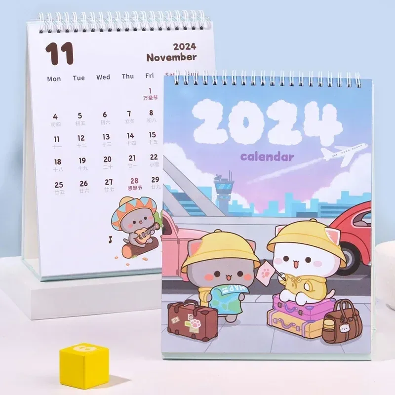 2024 New Limited Edition Mitao Cat Calendar Lunar Desktop Anime Cute Work Calendar Honey Peach Grey Cat Travel Series Regali Giocattolo