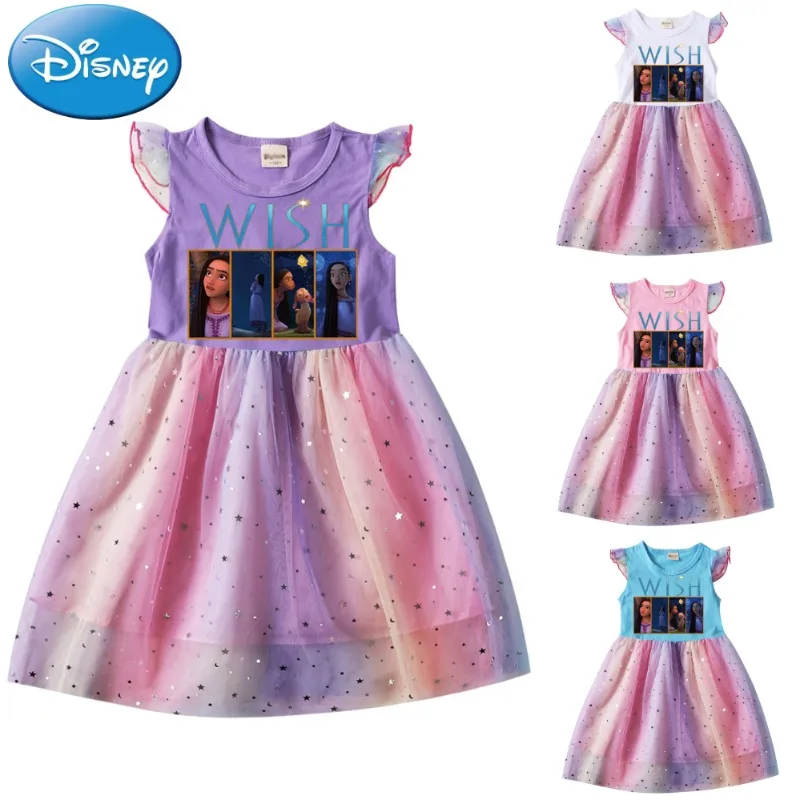 Disney Wish Anime Figure Valentino Luck Wish Star Asha Cosplay Princess Dress Kawaii Cartoon Summer Mesh Baby Costume Girl Dress