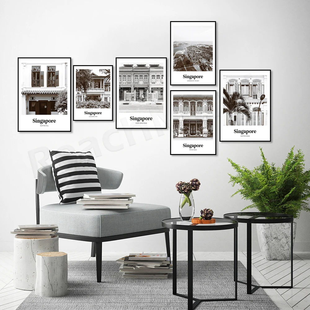Singapore In Bianco E Nero, Duxton Hill, Case Coloniali, Parco Di Dell'Acqua, Sabbia Marina Bay, Shophouse, Stampa Di Poster Da Viaggio In Asia